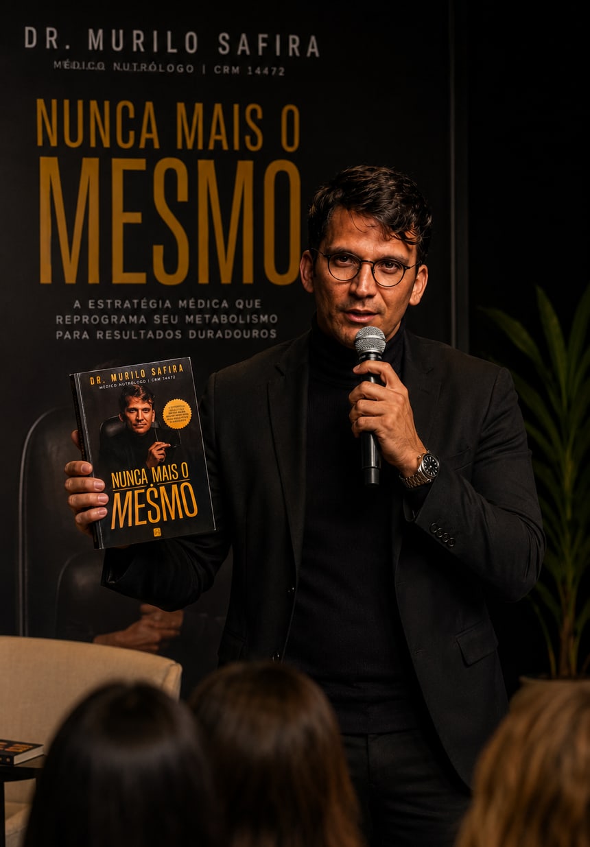 Dr. Murilo Safira apresentando o livro Nunca Mais o Mesmo.
