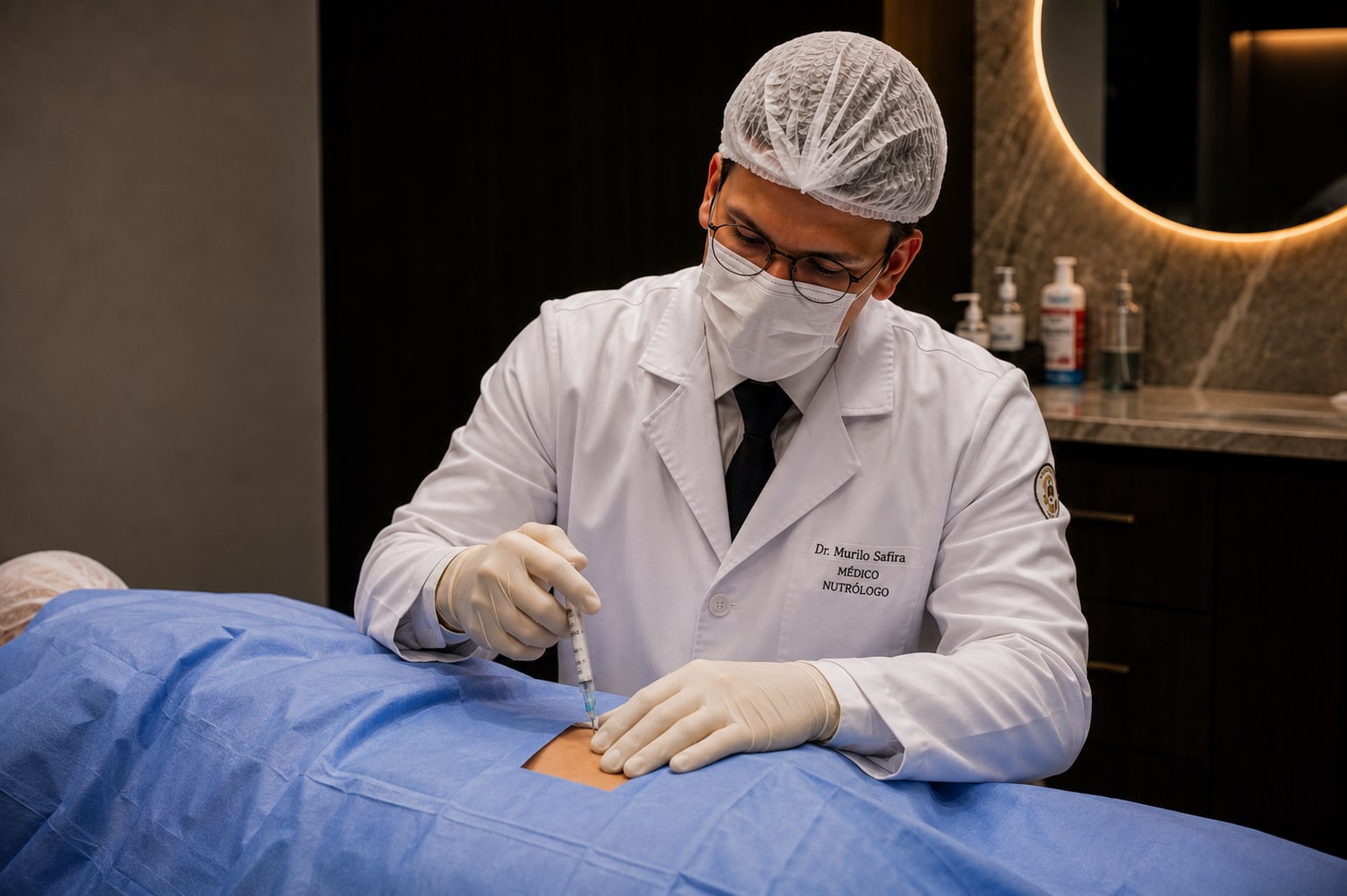 Dr. Murilo Safira realizando procedimento clínico, jaleco branco.